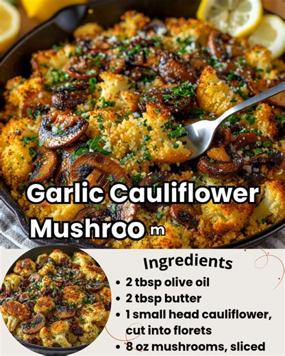 Garlic Cauliflower Mushroom Skillet ⏱️ Ready in: 20 minutes 🍽️ Serves: 3-4 Ingredients: 2 tbsp olive oil 2 tbsp butter 1 small head cauliflower, cut into florets 8 oz mushrooms, sliced 4 cloves garlic, minced ½ tsp smoked paprika ½ tsp Italian seasoning Salt & black pepper, to taste 1 tbsp lemon juice ¼ cup Parmesan cheese (optional) Fresh parsley, for garnish Instructions: 1️⃣ Heat the Skillet In a large skillet over medium heat, add the olive oil and butter. 2️⃣ Sauté the Veggies Add cauliflo