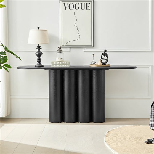 67" Modern Console Table with Unique Cylindrical Pillar Legs, Oval Entryway Table, Sculptural Wood Texture Accent Table