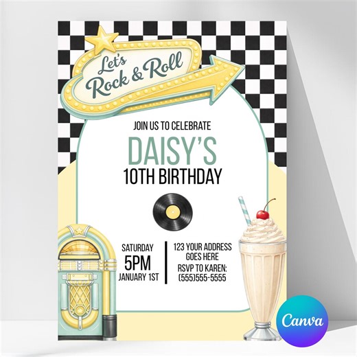50s Rock and Roll Birthday Invitation Template | Retro Diner Party Invite | Vintage Yellow Jukebox Milkshake Theme | Editable Canva Invite - Etsy Canada