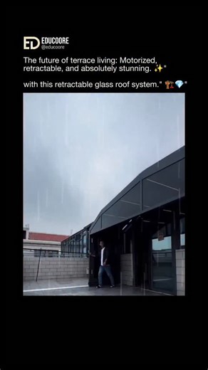 Edu Coore on Instagram: "This Retractable Glass Roof system is the ultimate blend of luxury and functionality, turning any open terrace into a versatile, all-weather sanctuary. Built with high-grade aluminum frames and laminated safety glass, it features a motorized sliding mechanism that allows you to open or close the ceiling at the touch of a button. The design is further elevated by integrated LED strip lighting in the rafters, providing a warm, modern ambiance for nighttime use. Whether it'
