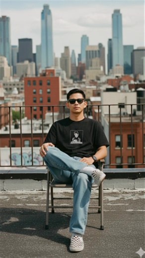 Gemini AI PROMPT: 1. Open Gemini App/Website 2. Upload Your Photo 3. Copy & Paste this prompt: A full-body outdoor portrait, with the subject sitting in a chair centered in the frame. Taken on a rooftop with the city skyline stretching out behind him. The camera angle is eye-level, with balanced framing, with plenty of space above to showcase the sky and skyline. [POSE & EXPRESSION] Subject: A man sits casually with his legs crossed, one hand in his lap and the other at his side. He has a neutra