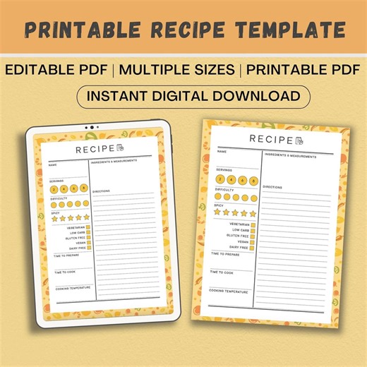 Modèle de recette imprimable, fiche de recette modifiable (téléchargement numérique) - Etsy France
