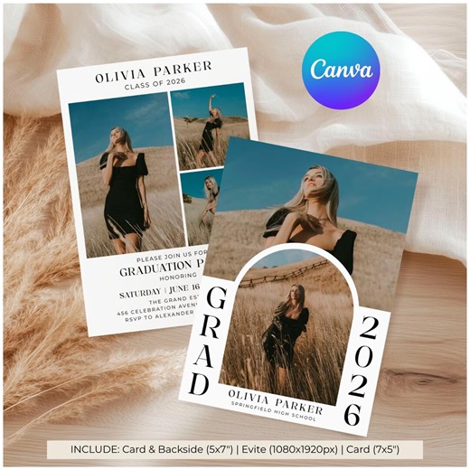 Arch Photo Graduation Announcement Template, Vertical Script Grad Invite, Minimalist Mobile Evite & 5x7 Card, Editable Canva - Etsy