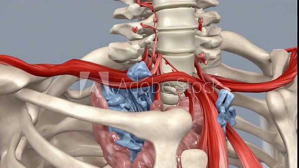 Anatomical illustration of human back skeletal structure, highlighting lumbar vertebrae, muscles, blood vessels and internal organs with blue accents.