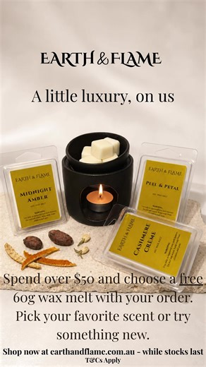 A little luxury, on us. For a limited time, spend over $50 and choose a free 60g wax melt with your order. Pick your favourite scent or try something new. Handcrafted in Australia for elevated everyday luxury living. Shop via the link in bio or earthandflame.com.au While stocks last. #affordableluxury #soywax #cosyvibes #australiansmallbusiness #australiamade