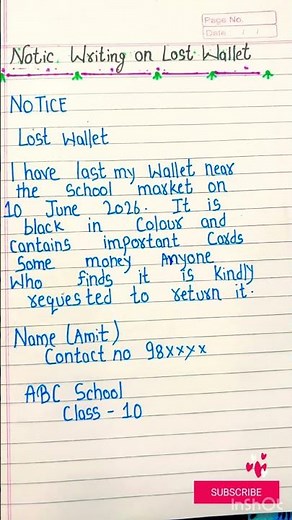 Notice Writing | Lost Wallet Notice Writing | English Writing Practice | Class 10