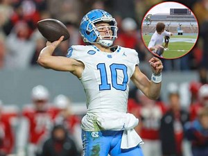 WATCH: Drake Maye, who's a top first-round prospect for the upcoming draft, flaunts his skills by nailing the crossbar with a 'mammoth' 83-yard throw