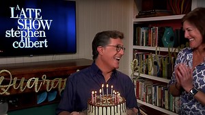 Stephen Colbert’s wife crashes his monologue with a birthday cake