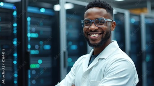 Confident young african american man in white lab coat smiling in front of server rack for data center management and security innovation