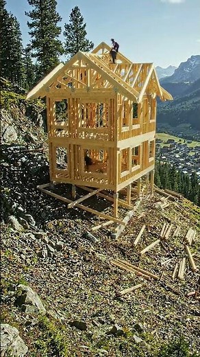 Building a Wooden House on a Steep Mountain Alone #shorts #construction