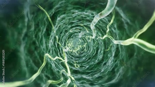 Visualizing a tunnel in the human body with organic structures and nerve-like tubes, creating a depth illusion.