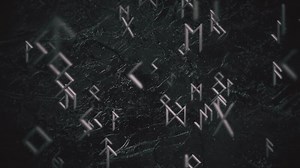 Dark grunge runic motion background with gently moving metallic runes, particles and morphing black rock texture. Full HD and runology symbols background animation.