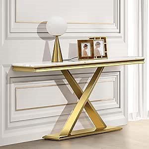 Gold Console Table, 50-inch White and Gold Console Table with Gold Polished Stainless Steel X-Base Entryway Table, Luxury Sofa Table for Living Room
