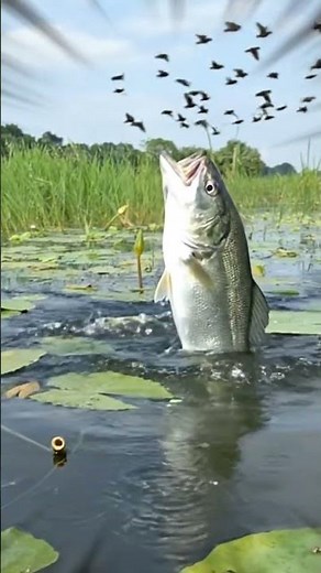 big fish jumping and biting, birds flying #fish