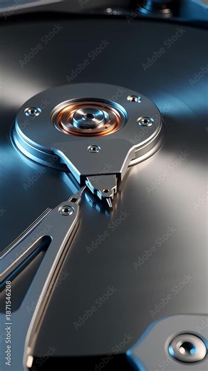 Cinematic macro 3D animation of a metallic hard disk drive spinning with an actuator arm reading data, illustrating secure cloud storage concepts.