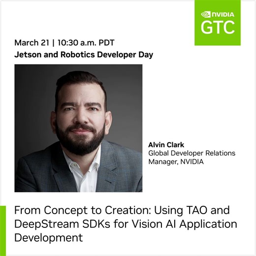 Dive deep into the powerful combination of #NVIDIATAO Toolkit and DeepStream for #visionAI application development. Join us for a walk-through of training models with TAO and how to deploy these models within custom applications with DeepStream. https://nvda.ws/3TBjX25 | NVIDIA Robotics