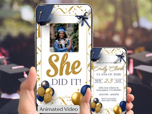 Graduation Party Invitation, Class of 2026 Invite, Blue Graduation Announcement, Editable Canva Video Invite, Digital Download, She Did It - Etsy