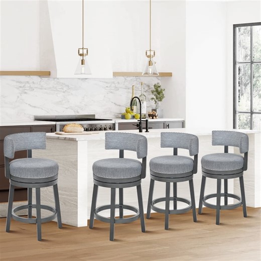 COLAMY Modern Grey Swivel Bar Stools Set of 4, 25" Counter Height Barstools with Back, Upholstered Wood Kitchen Island Chairs, Ergonomic & Heavy Duty 300 lbs, Stylish Nailhead Trim for Home Bar