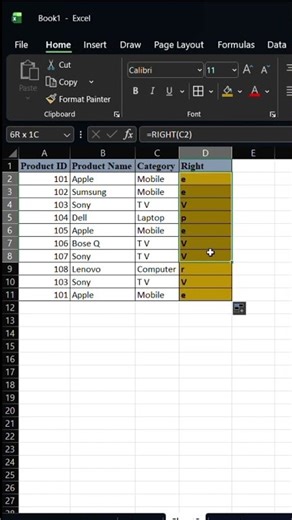 💥🤯Right function in ms excel sheet #shorts #shortvideo #excel #excelsheet #right #ytshorts #tricks