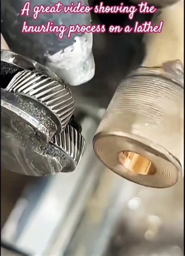 This video captures the metalworking process of knurling a cylindrical part on a lathe.
