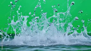 Water is splashing up on a green screen background, creating bubbles and droplets. This shot is ideal for compositing or vfx work