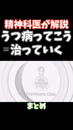 まとめ【うつ病】病気ってどうなおるの？うつ病 | 精神疾患 | 精神科医のお悩み相談クリニック | 精神科医 | 精神病 | うつ病 | 抗うつ薬 | SSRI |【この動画の概要】 うつ病の特徴と原因: うつ病は主に抑うつ気分と意欲の低下が特徴であり、日常生活における活動性や関心の喪失が見られる。 うつ病の原因は複数あり、一つは体質的な要因である。これは神経伝達物質であるセロトニンの不足が関与しているとされ、抗うつ薬によってセロトニンの量を調整しようとする治療が行われる。 もう一つの原因は思考の癖によるものであり、ネガティブな思考パターンやストレスへの対処能力の低下が関係している。 治療の目標: うつ病の治療の主な目標は、患者が抗うつ薬や通院を必要とせずに、日常生活において自立し、症状を軽減させることである。 この目標は、患者の生活の質（QOL）を向上させることに焦点を当てており、薬物療法だけでなく、心理的なアプローチも重要視される。 治療アプローチ: 抗うつ薬はセロトニンの量を増やすことで症状を緩和し、日常生活の質を向上させる。しかし、その効果は個人によって異なる。 カウンセリング