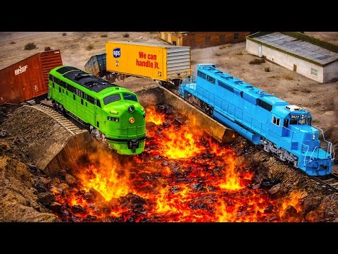 Train and Cars vs Giant Lava Creator & Double Rails - BeamNG.Drive