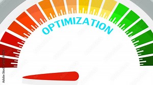 Scale with arrow. Optimization level measuring device icon. Sign tachometer, speedometer, indicators. Infographic gauge element.