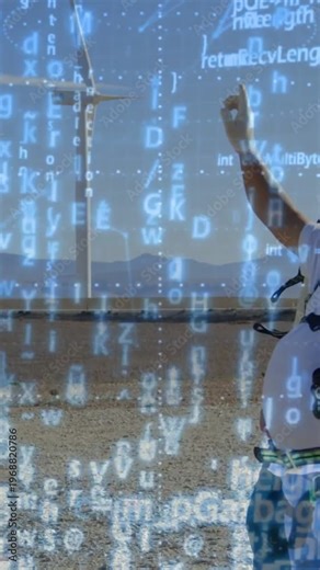 Vertical video: 2 techs pointing at turbine on windfarm starting UI overlay marking blade for check