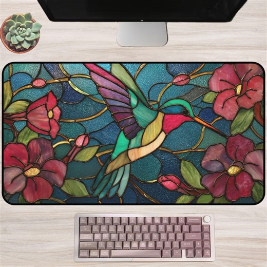 Hummingbird Desk Mat: Stained Glass Floral Panel, Colorful Office Decor - Etsy