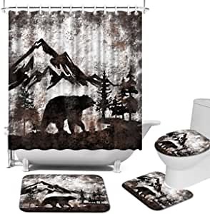 4 Piece Bear Shower Curtain Set with Rugs, Bath Mat, Painting Prints - Rustic Forest Wild Animal Farmhouse Cabin Shower Curtain Bathroom Decor