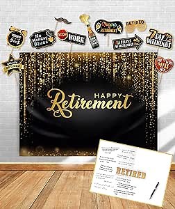 Happy Retirement Party Decorations Backdrop | Retirement Gift Signature Board | Photo Booth Props. Black & Gold Party Supplies | Jumbo Greeting Card Guest Book for Men, Women, Coworker