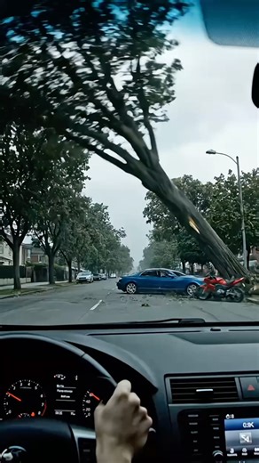 Strong Wind Knocks Down Tree, Crashing Onto Parked Car and Motorcycle‼️😱 #viralshorts #fallentree