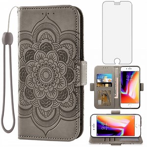 Compatible with iPhone 7/8/SE 2020/2022 Wallet Phone Case and Tempered Glass Screen Protector Flip Credit Card Holder Stand Cell Cover for iPhone7 iPhone8 7s i 2/2nd/3/3rd Generation SE2 SE3 Gray