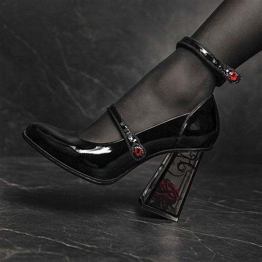 Gothic Mary Jane High Heels – Women’s Black Platform Pumps With Buckle Strap and a Rose, Punk Patent Leather Shoes - Etsy Ireland