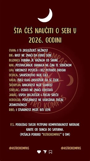 @astrokompas.rs on Instagram: "Svemir ti u 2026. sprema ogledalo u kojem ćeš konačno videti svoju pravu snagu. ✨ Ova godina nije tu samo da prođe, već da te nauči gde tvoje granice prestaju, a tvoja svrha počinje. Kroz lekcije u ljubavi i porodici, otkrićeš da tvoja nežnost nije slabost, već tvoj najveći štit i izvor mudrosti. Naučićeš da postaviš sebe na prvo mesto, jer si konačno shvatila da samo ispunjena žena može da pruži ljubav drugima. Vreme je da prigrliš verziju sebe koja se više ne pla