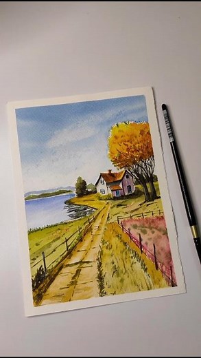 Autumn Countryside Watercolor Painting | Cozy Landscape Painting | Relaxing Art Process 🍂🎨