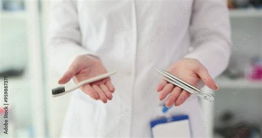 Female dentist shows toothbrush along essential dental instruments. Woman educates patient about effective oral hygiene and benefits of preventive dental visits