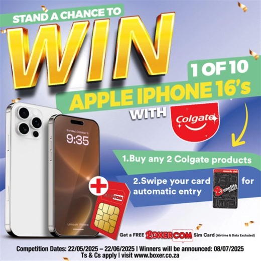 Want to WIN the latest Apple iPhone 16? 📱✨ It's easy! Just grab any 2 Colgate products and swipe your Boxer Rewards Club card! Who's excited to get their hands on this incredible prize? 🤩 Entries close 22 June. #iPhone16 #BoxerRewards #Colgate | Boxer Superstores