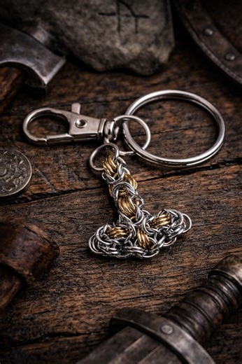 Thor Hammer Goth Keychain | Byzantine Chain Gold & Silver - Etsy
