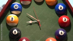 Wall clock in the billiard room. Time for a game of billiards. Dial of billiard balls.
