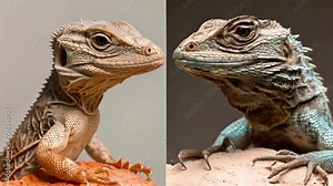 A sidebyside comparison of a modern lizard and its fossilized ancestor illustrating how changes in anatomy and behavior have occurred over millions of years of evolution.