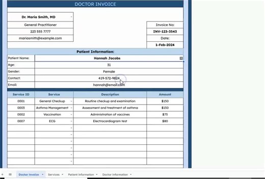 Doctor Invoice Template | Google Sheets | Patient Billing & Medical Services Invoice Form