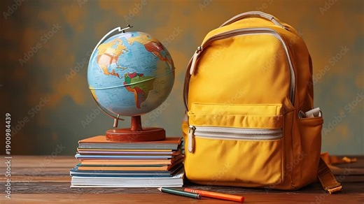 Back to School Supplies Yellow Backpack Books Globe on Wooden Desk