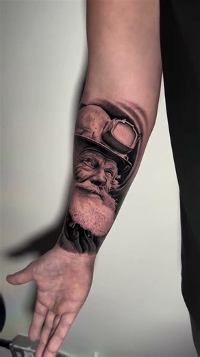 Super realistic black & grey portrait of a Cornish tin miner by Luke Rudden | Magnum Tattoo Supplies