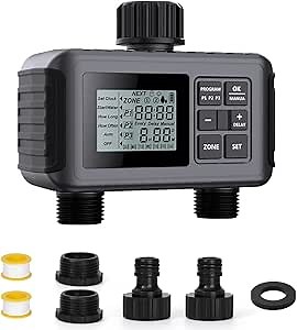 Uzoli SGW07 Sprinkler Timer, Programmable Water Timer for Garden Hose with 2 Outlets, Rain Delay, Manual, IP55 Waterproof Auto Drip Irrigation for Yard, Lawn, Pool