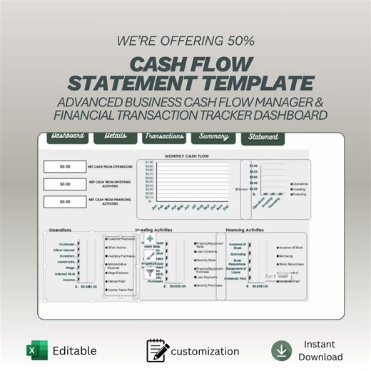 Cash Flow Statement Template | Monthly Tracker | Business Financial Planner | Revenue Expense Dashboard | Excel Google Sheets - Etsy