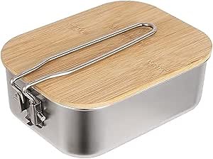 Stainless Steel Camping Cookware Pot with Bamboo Chopping Board, Camping Mess Tin with Foldable Handle and Lid, Applicable for Camping Hiking BackPacking (30oz)
