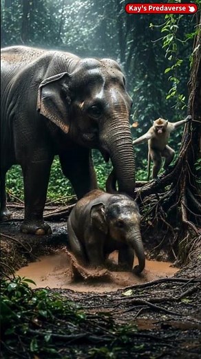 Baby Elephant Get Rescue by His Mother and Little Monkey 🐘