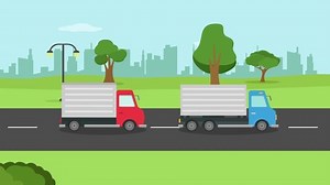 Two trucks animation delivering something while moving on the road. Cartoon in 4k resolution